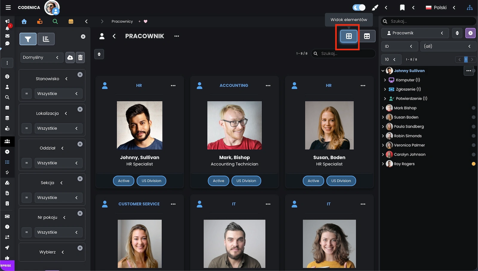 Lista pracowników i klientów w widoku elementów w systemie Codenica ITSM + ITAM