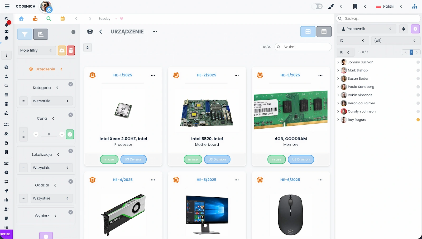 Widok elementów dla zasobów urządzeń w oprogramowaniu Codenica ITSM + ITAM