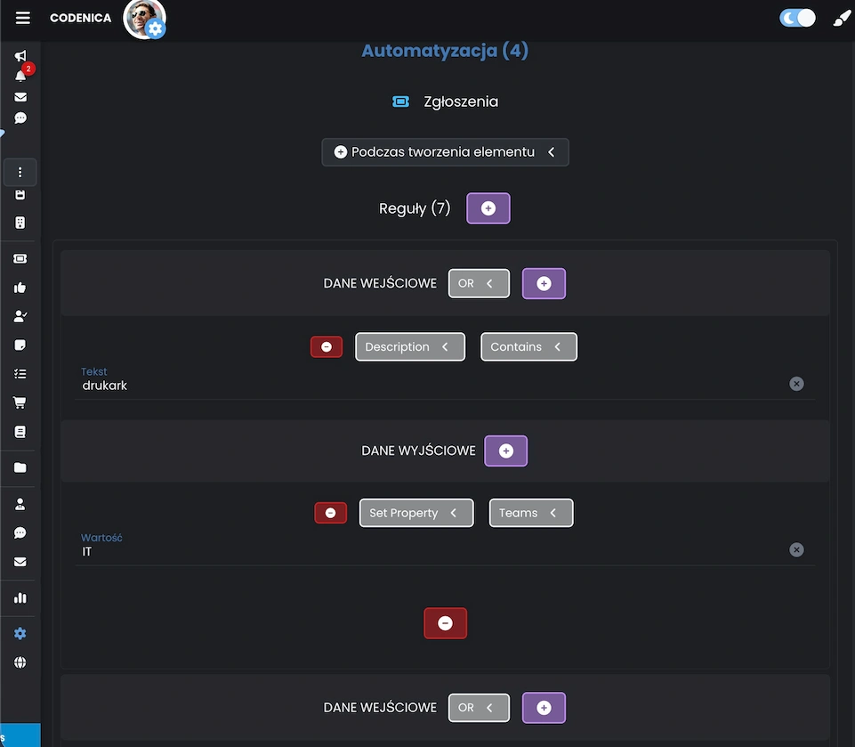 Reguła automatyzacji w systemie ticketowym Codenica ITSM + ITAM przypisująca zgłoszenie do zespołu IT na podstawie słowa „drukark” w treści zgłoszenia