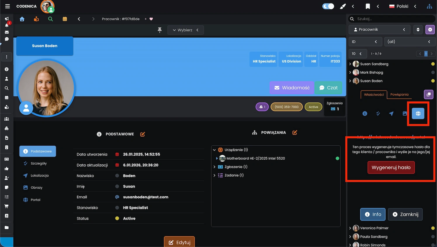 Widok szczegółowy pracownika w systemie Codenica ITSM + ITAM z otwartą zakładką Portal w panelu IT Manager oraz przyciskiem Wygeneruj hasło