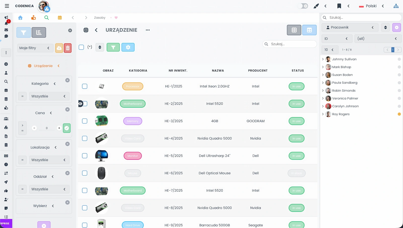 Widok tabeli dla zasobów urządzeń w oprogramowaniu Codenica ITSM + ITAM
