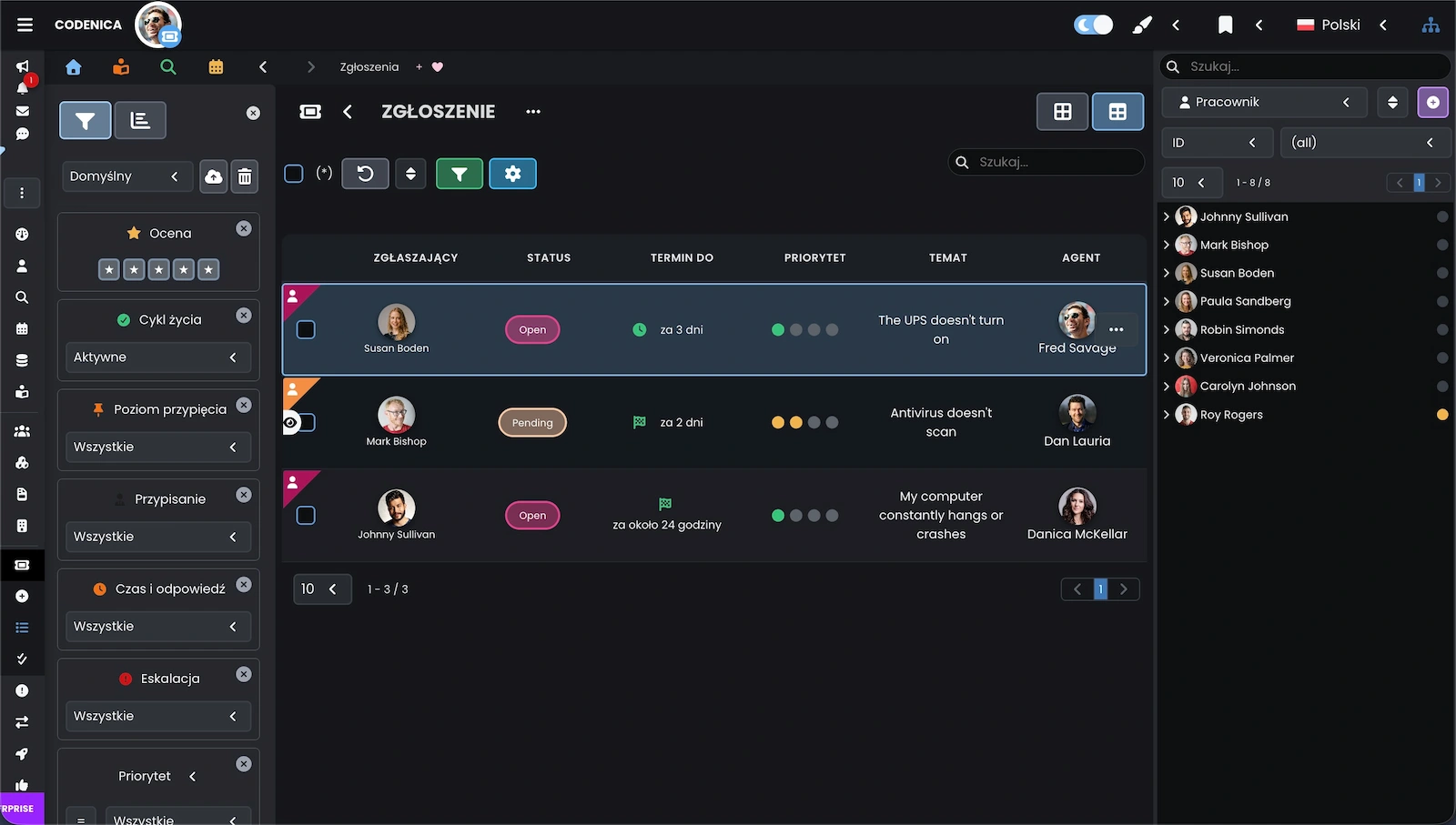 Widok tabeli dla zgłoszeń w systemie ticketowym w aplikacji Codenica ITSM + ITAM