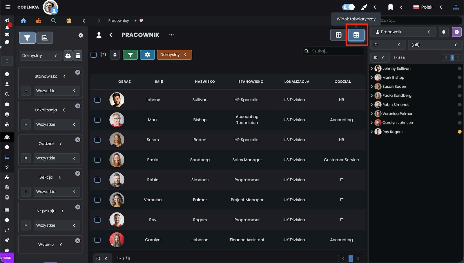 Lista pracowników i klientów w widoku tabelarycznym w systemie Codenica ITSM + ITAM