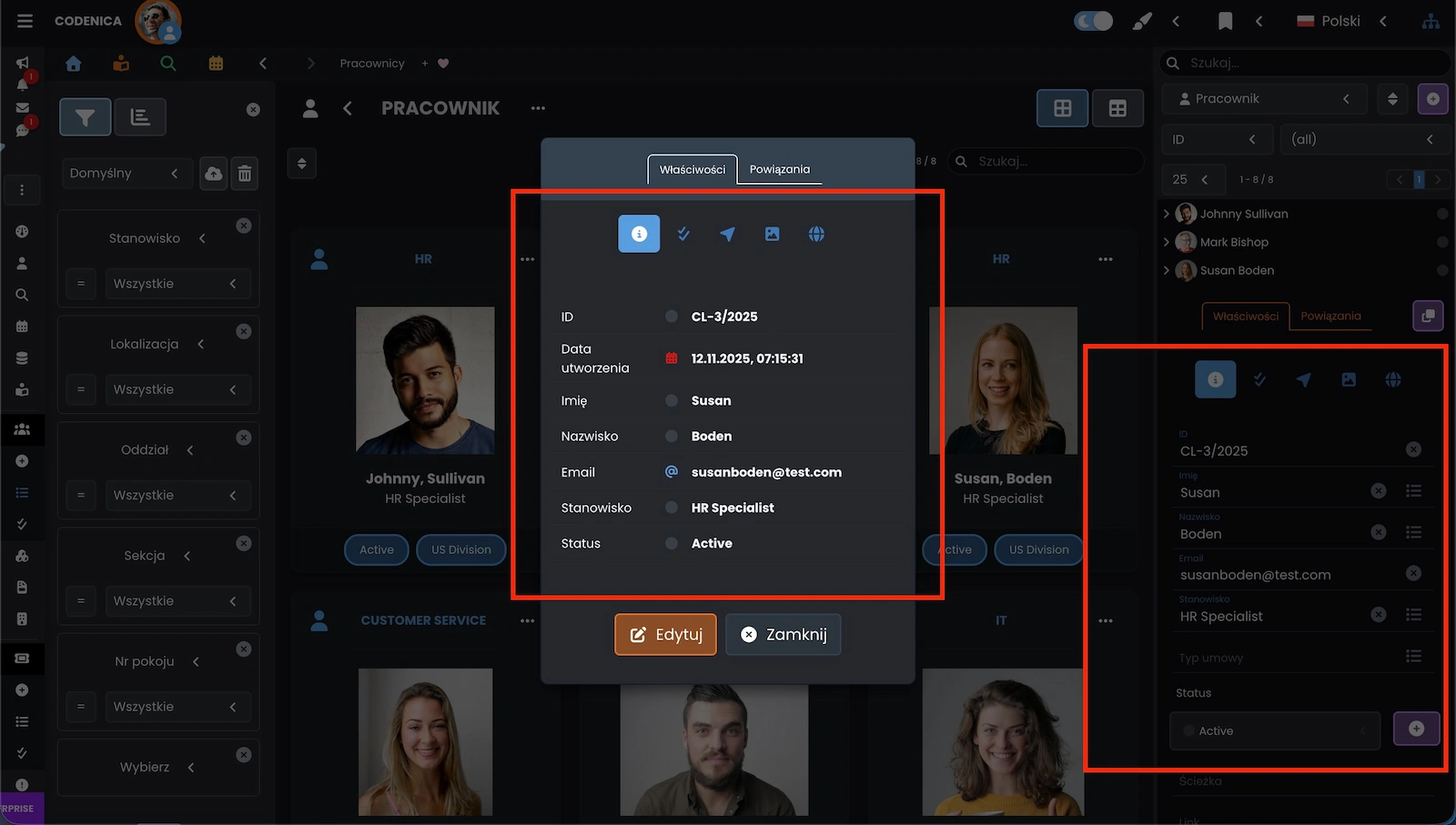 Właściwości obiektu pracownik / klient widoczne po kliknięciu w widoku elementów w systemie Codenica ITSM + ITAM
