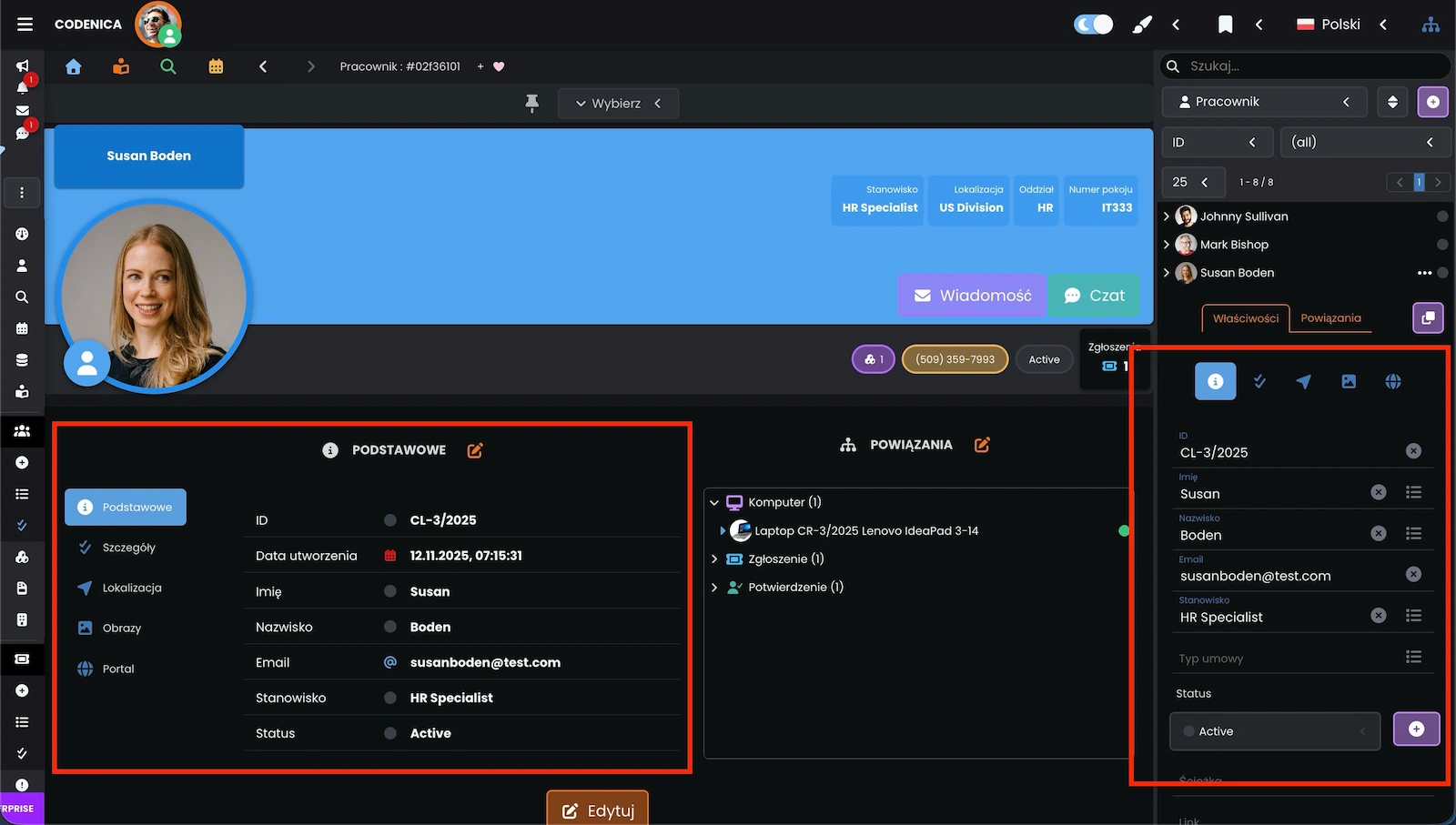 Właściwości pracownika / klienta widoczne w widoku szczegółowym w aplikacji Codenica ITSM + ITAM