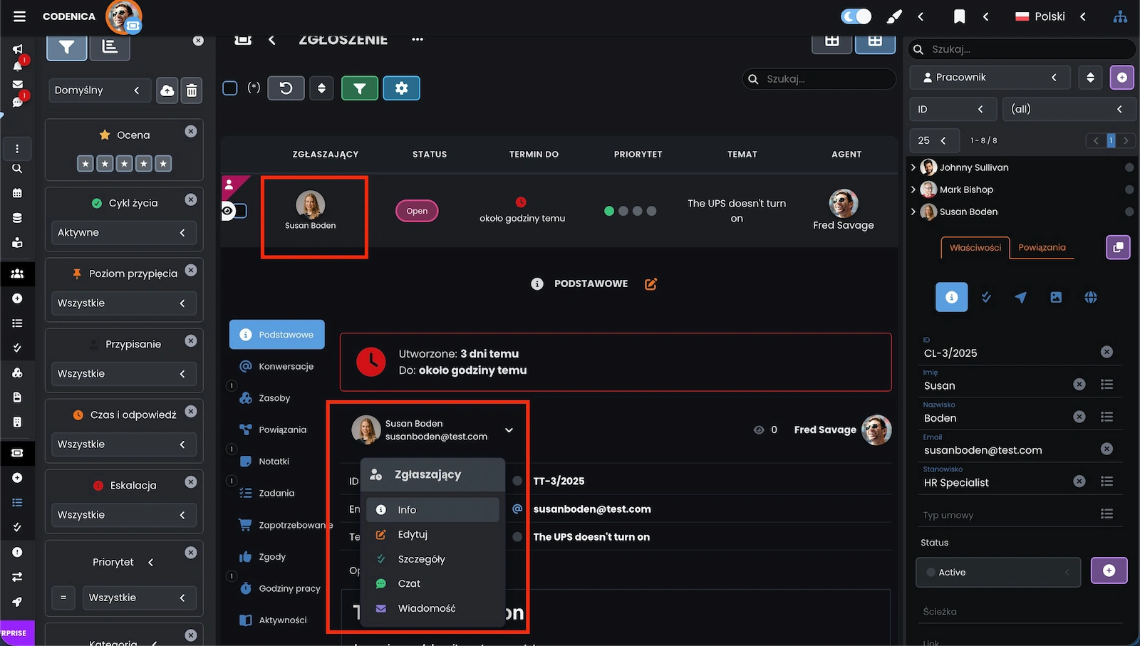Właściwości w tickecie zgłoszenia serwisowego w programie Codenica ITSM + ITAM
