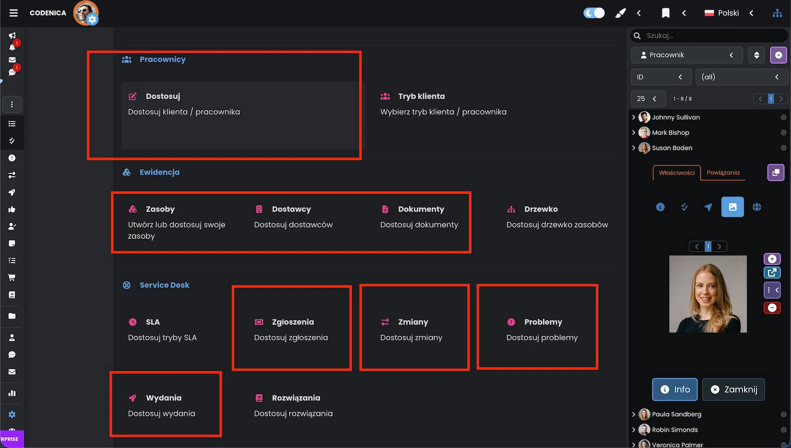 Okno ustawień service desk w programie Codenica ITSM + ITAM