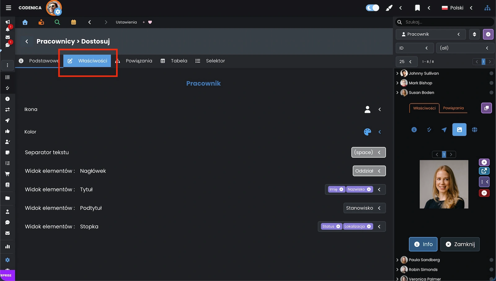 Okno ustawień pracownika w programie Codenica ITSM + ITAM