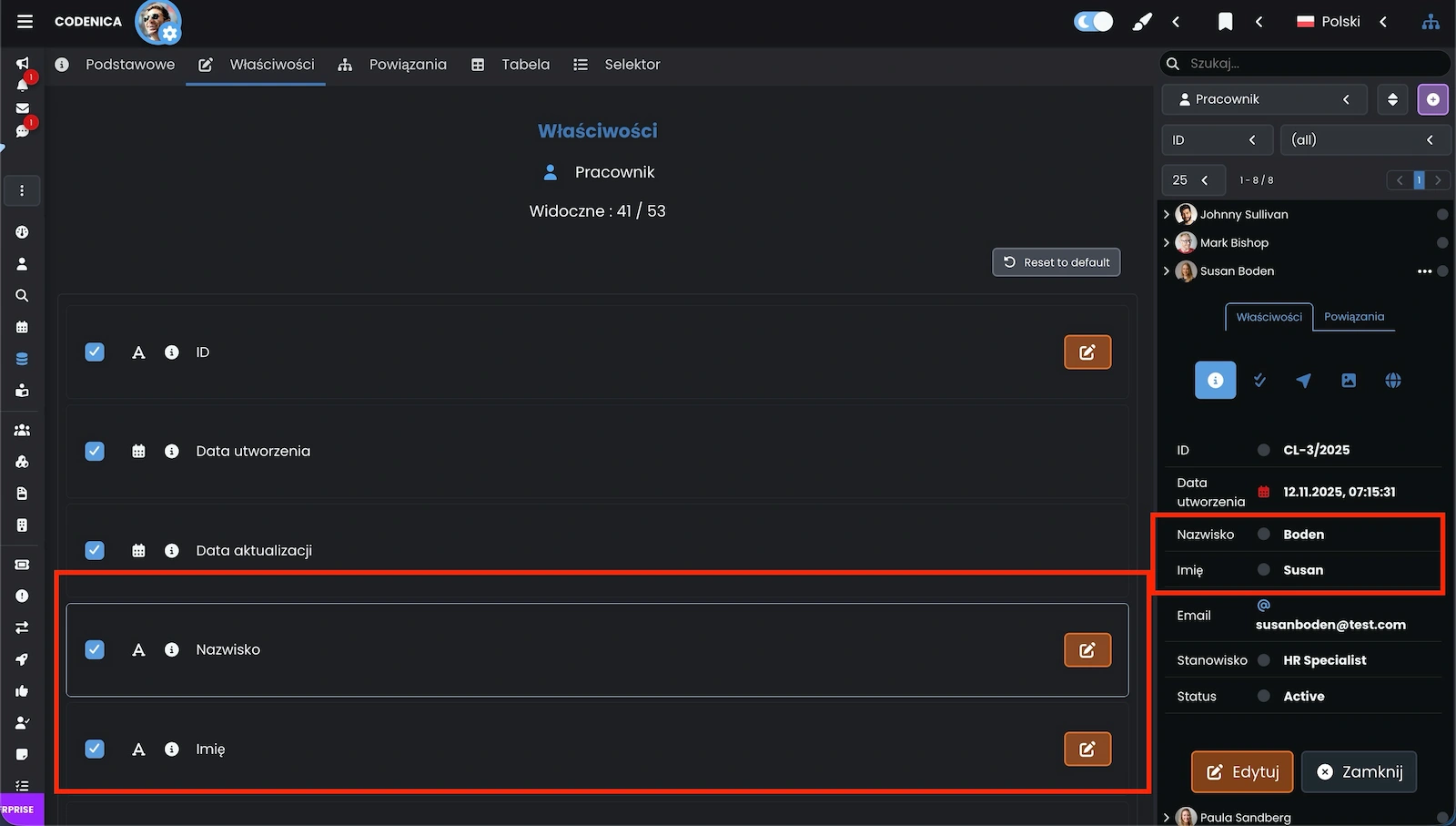 Okno właściwości pracownika w panelu IT Manager w systemie Codenica ITSM + ITAM
