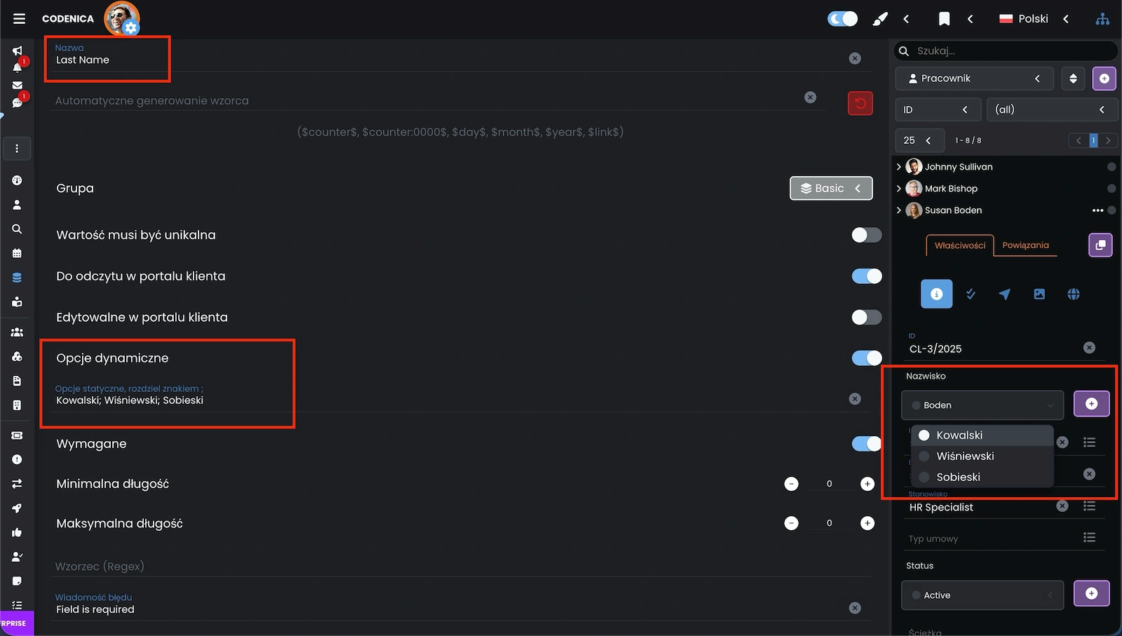 Ekran aplikacji zaawansowanych ustawień właściwości w programie Codenica ITSM + ITAM