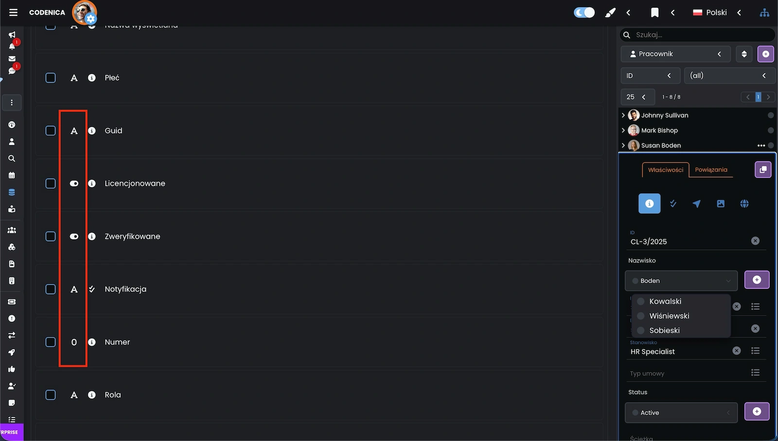 Ekran aplikacji tworzenia własnych pól w programie Codenica ITSM + ITAM