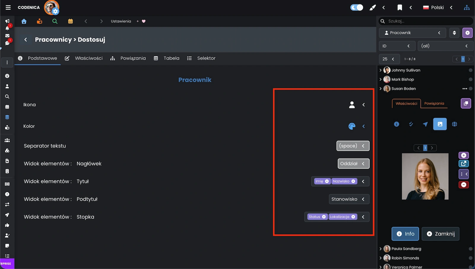 Ekran konfiguracji widoku elementów pracowników i klientów w systemie Codenica ITSM + ITAM