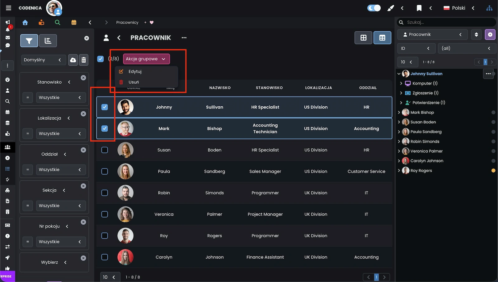 Edycja grupowa w trybie widoku tabeli w aplikacji Codenica ITSM + ITAM