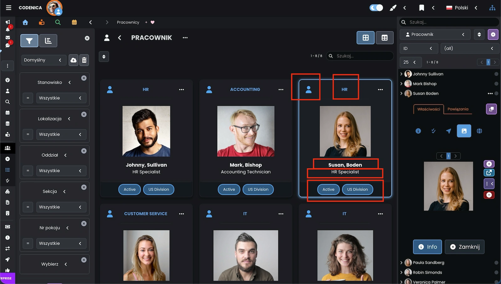 Widok elementów pracowników i klientów w systemie Codenica ITSM + ITAM