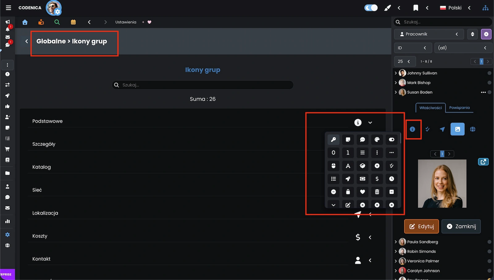 Okno ustawień ikon dla grup w systemie Codenica ITSM + ITAM