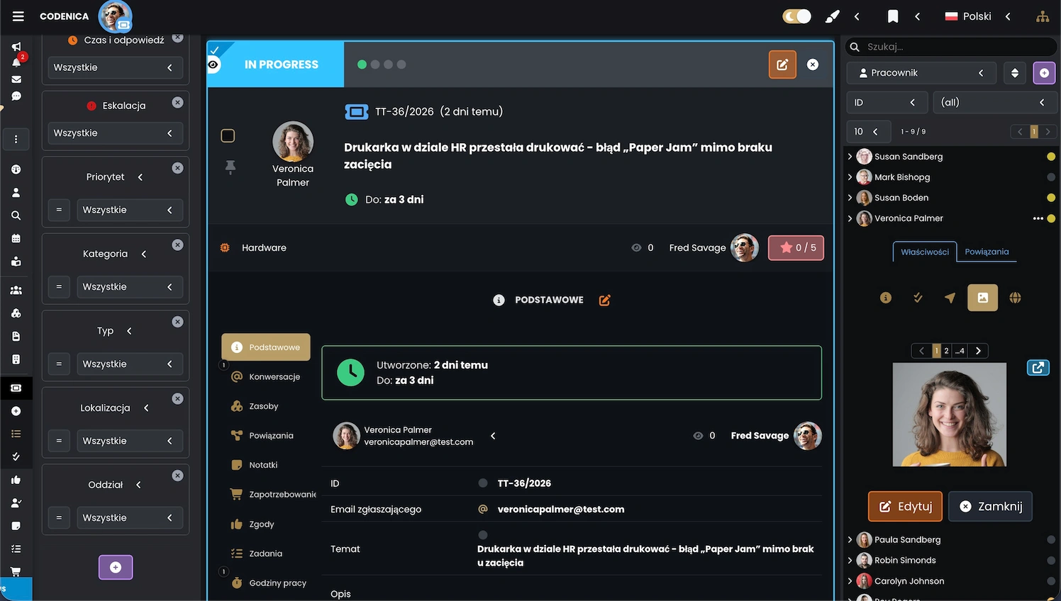 Ticket w systemie Codenica ITSM + ITAM - wszystkie elementy zgłoszenia w jednym miejscu