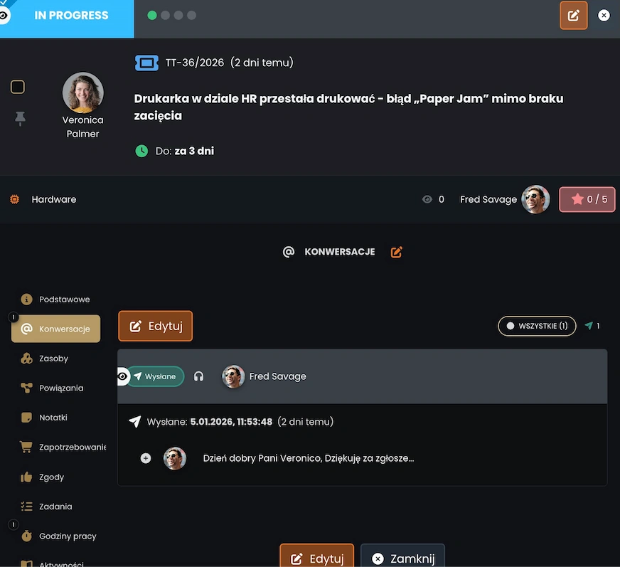 Historia korespondencji e-mail zapisanej w tickecie w systemie Codenica ITSM + ITAM