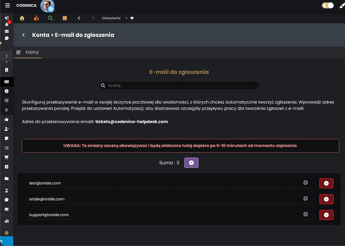 Konfiguracja adresów e-mail przekazywanych do systemu Codenica ITSM + ITAM