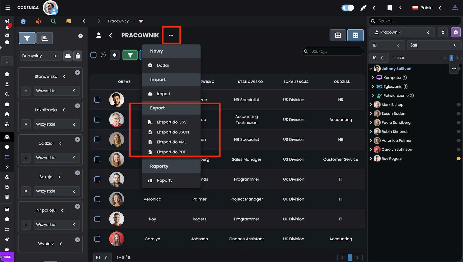 Eksport danych do formatów CSV, JSON, XML i PDF w systemie Codenica ITSM + ITAM