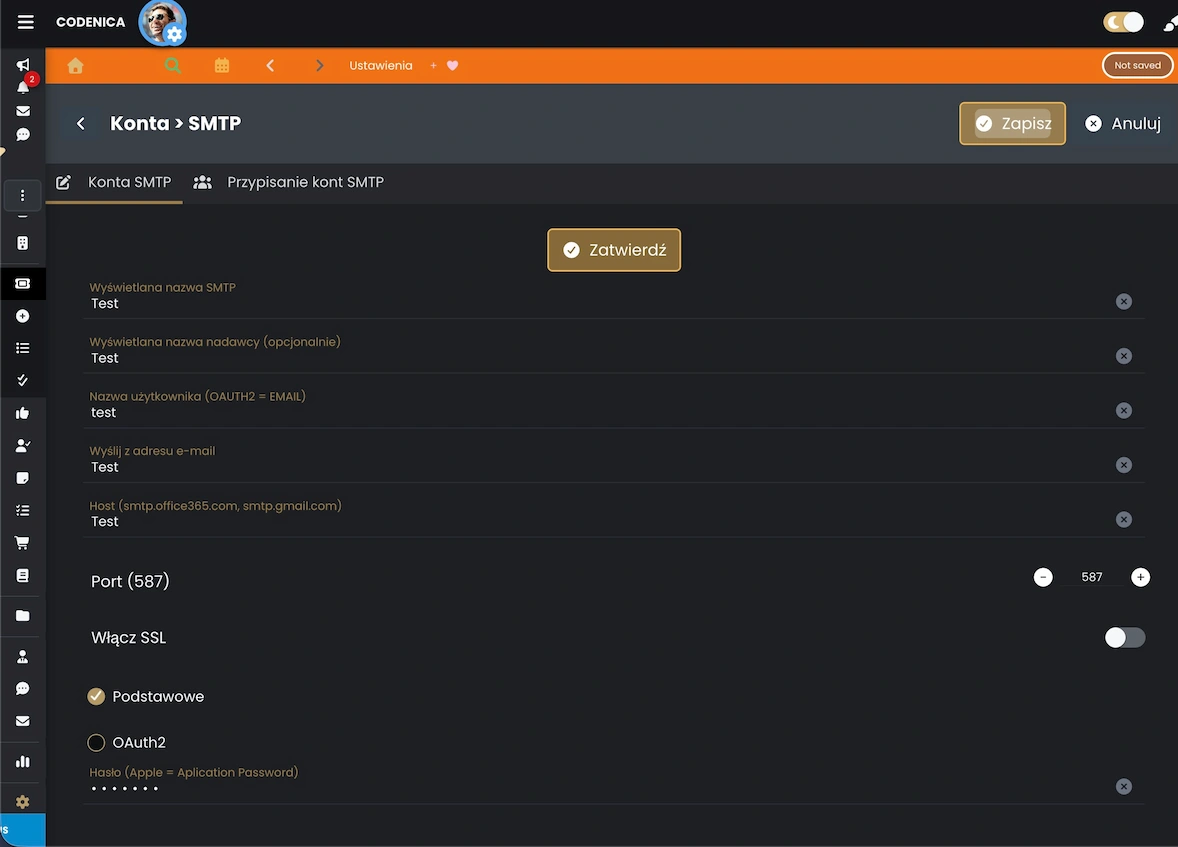 Konfiguracja SMTP używanego do wysyłania odpowiedzi z ticketów w systemie Codenica ITSM + ITAM