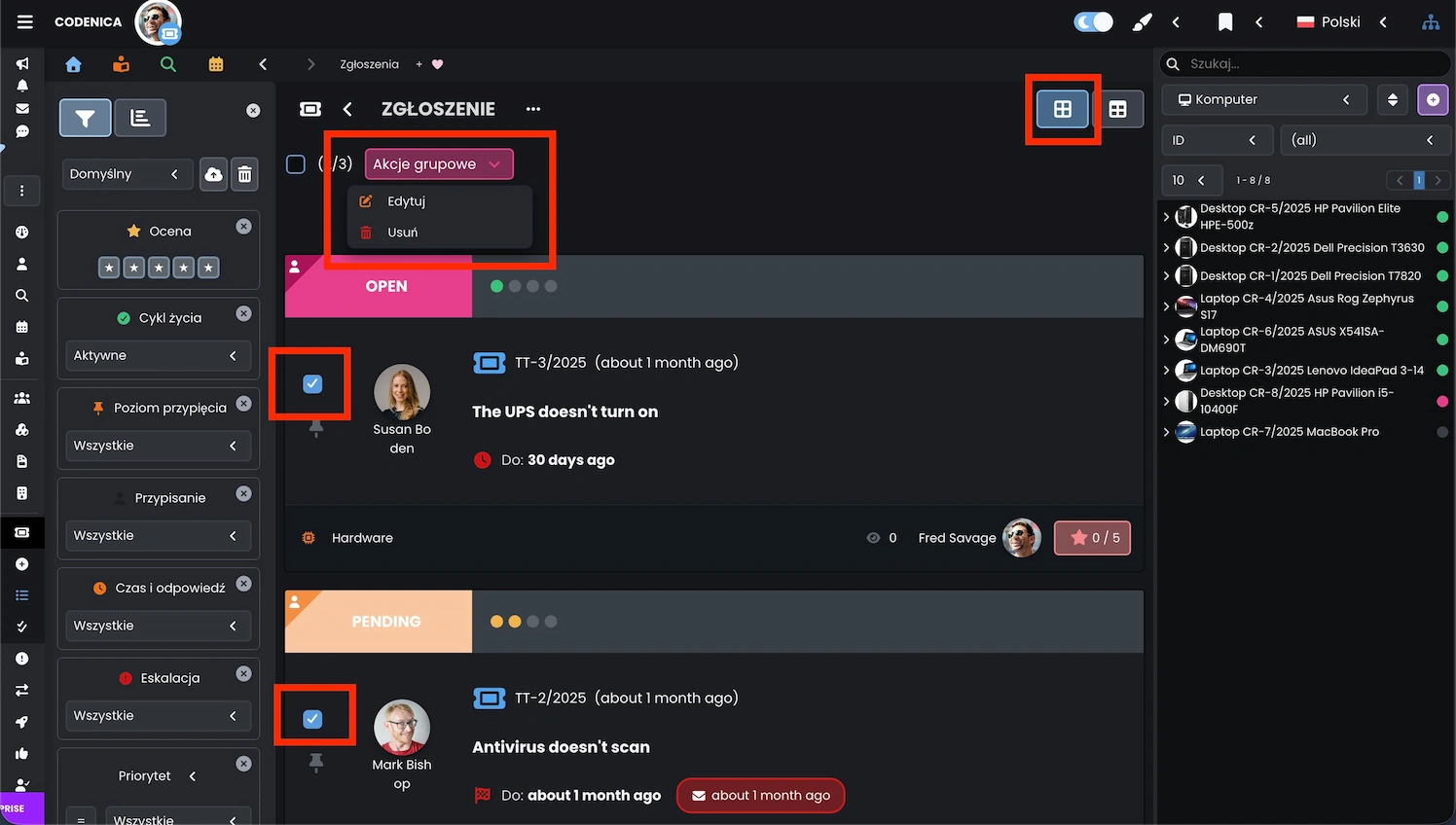 Widok elementów z zaznaczonymi ticketami i aktywną opcją Edytuj w menu Akcje grupowe w Codenica ITSM + ITAM