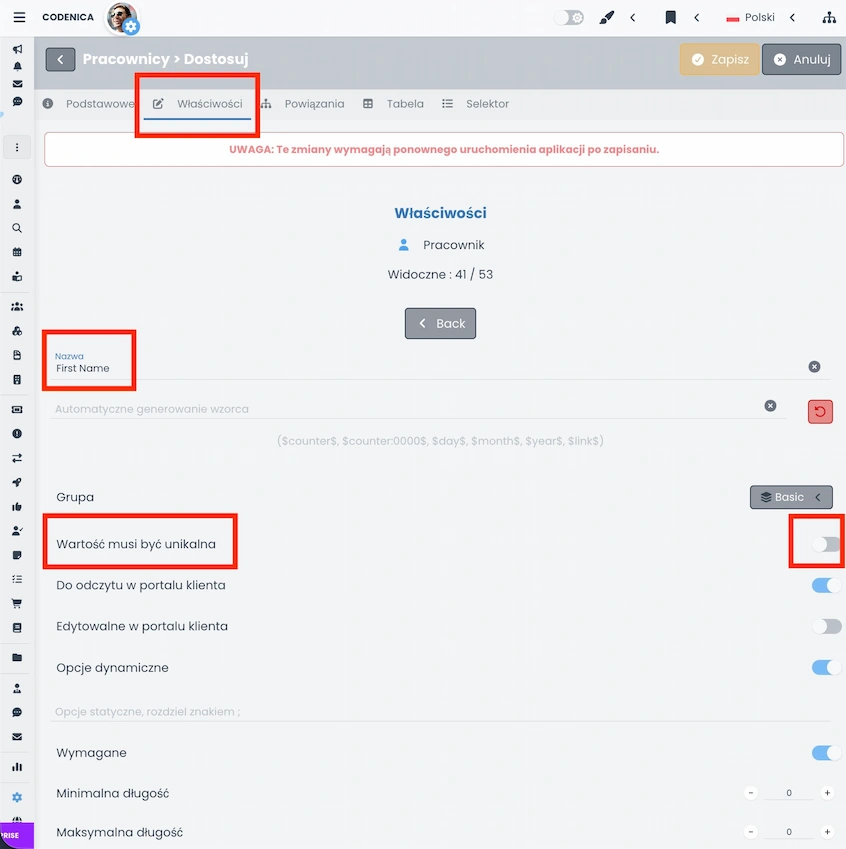 Ustawienie możliwości włączenia unikalnością wartości w Codenica ITSM + ITAM