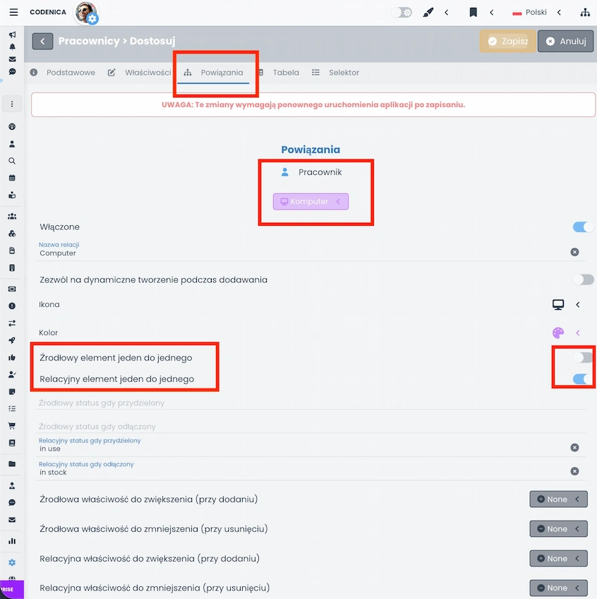 Ustawienia relacji jeden do jednego w systemie Codenica ITSM + ITAM
