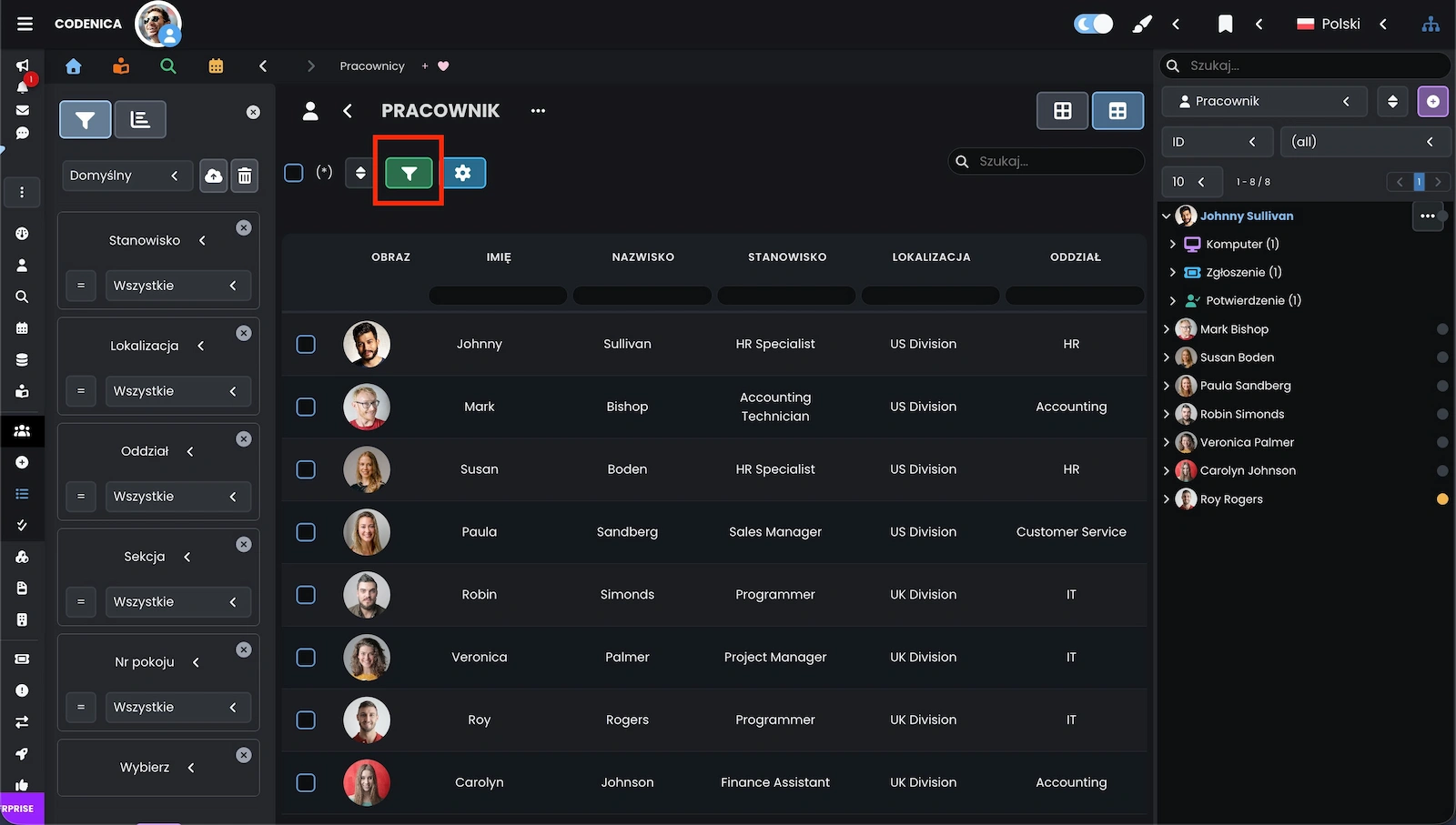 Dodatkowy filtr kolumn w widoku tabeli w programie Codenica ITSM + ITAM