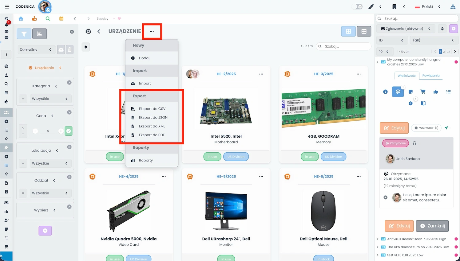Lista urządzeń IT w systemie Codenica ITSM + ITAM z rozwiniętym menu eksportu danych