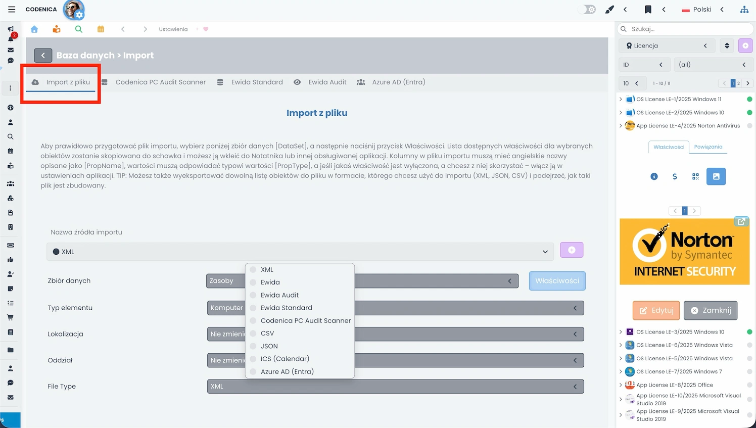 Ekran importu danych z plików XML, JSON i CSV w systemie Codenica ITSM + ITAM