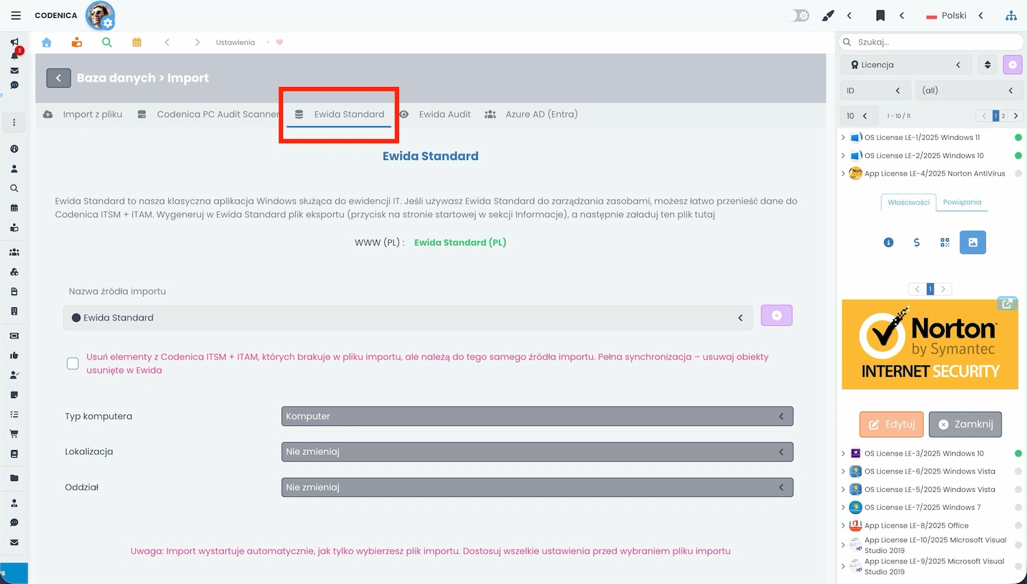 Ekran importu danych z Ewida Standard do systemu Codenica ITSM + ITAM