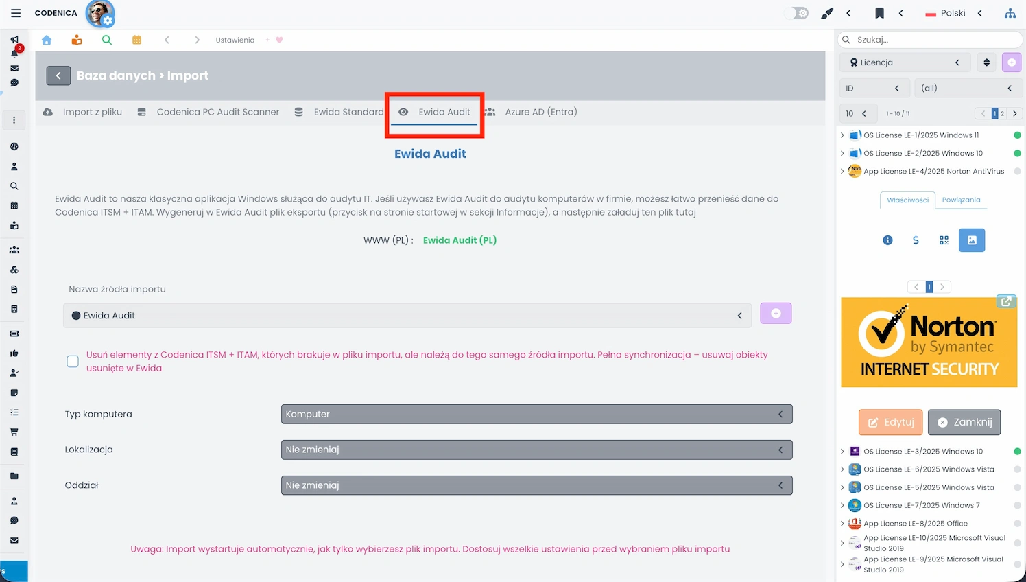 Ekran importu danych audytowych z Ewida Audit do systemu Codenica ITSM + ITAM