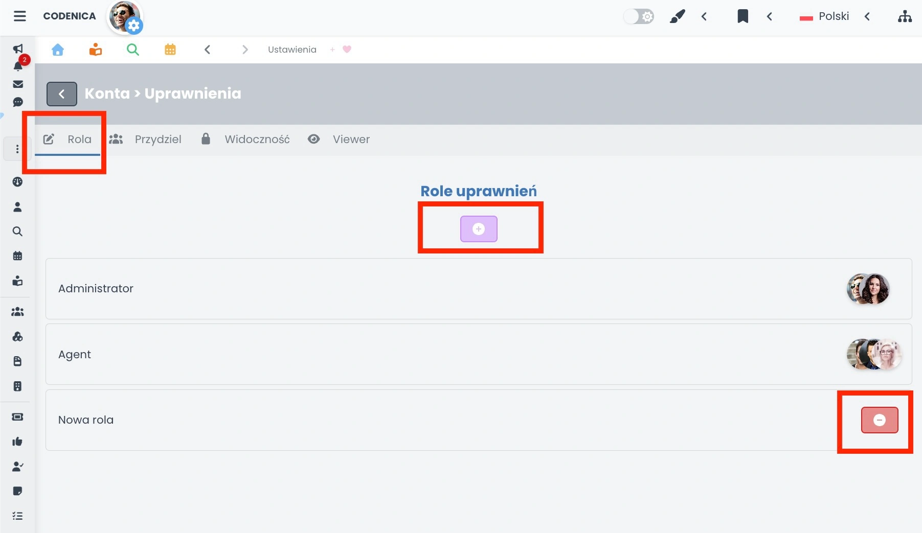 Lista ról systemowych i ról RBAC z panelami oraz avatarami użytkowników w Codenica ITSM + ITAM