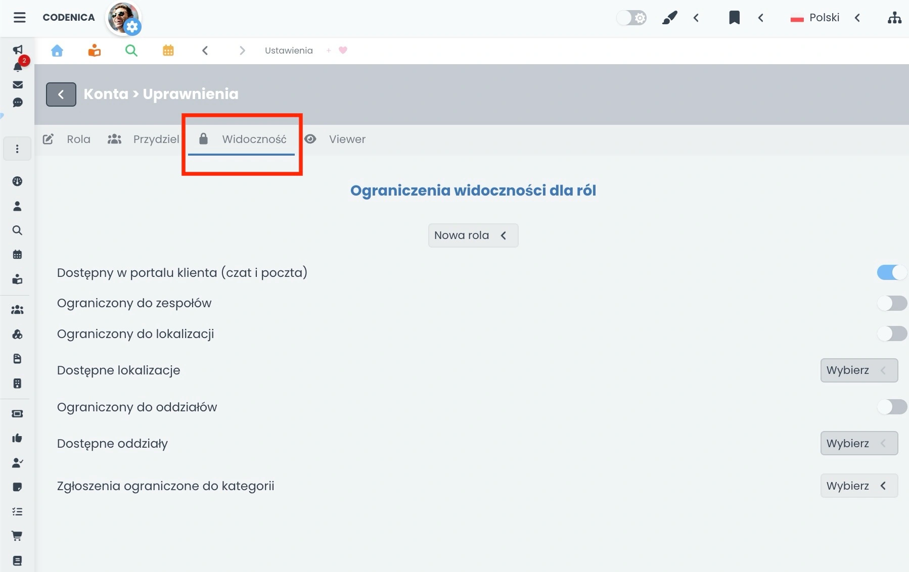 Przypisanie widoczności do roli RBAC w systemie Codenica ITSM + ITAM