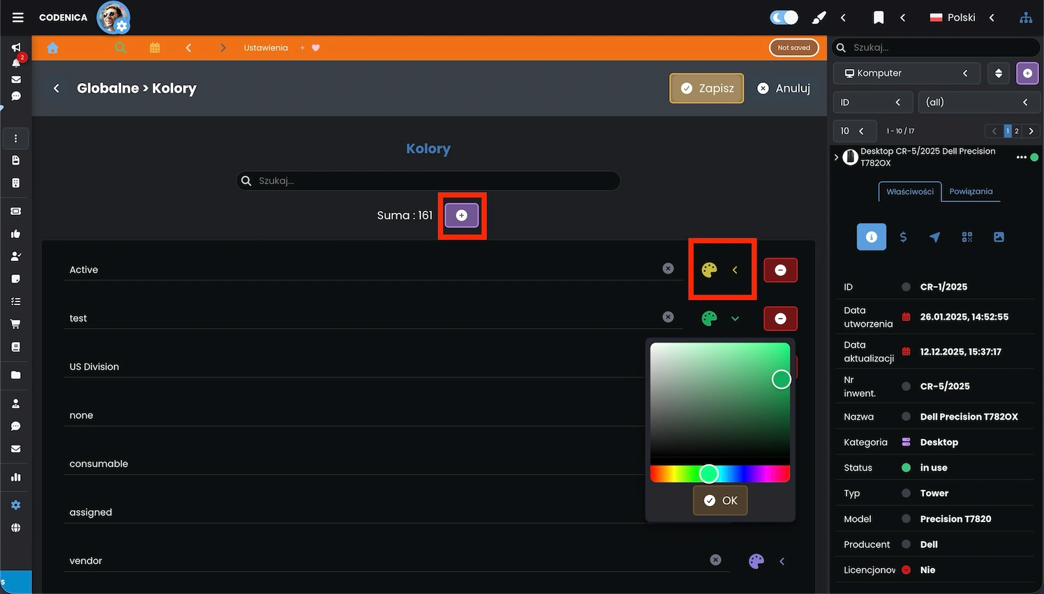 Ustawienia kolorów dla fraz w programie Codenica ITSM + ITAM.