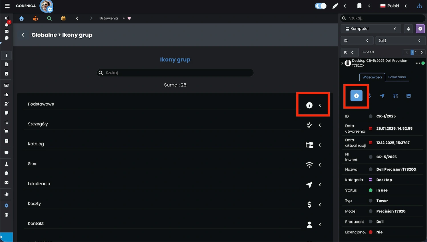 Ustawienia ikon dla grup właściwości w programie Codenica ITSM + ITAM.