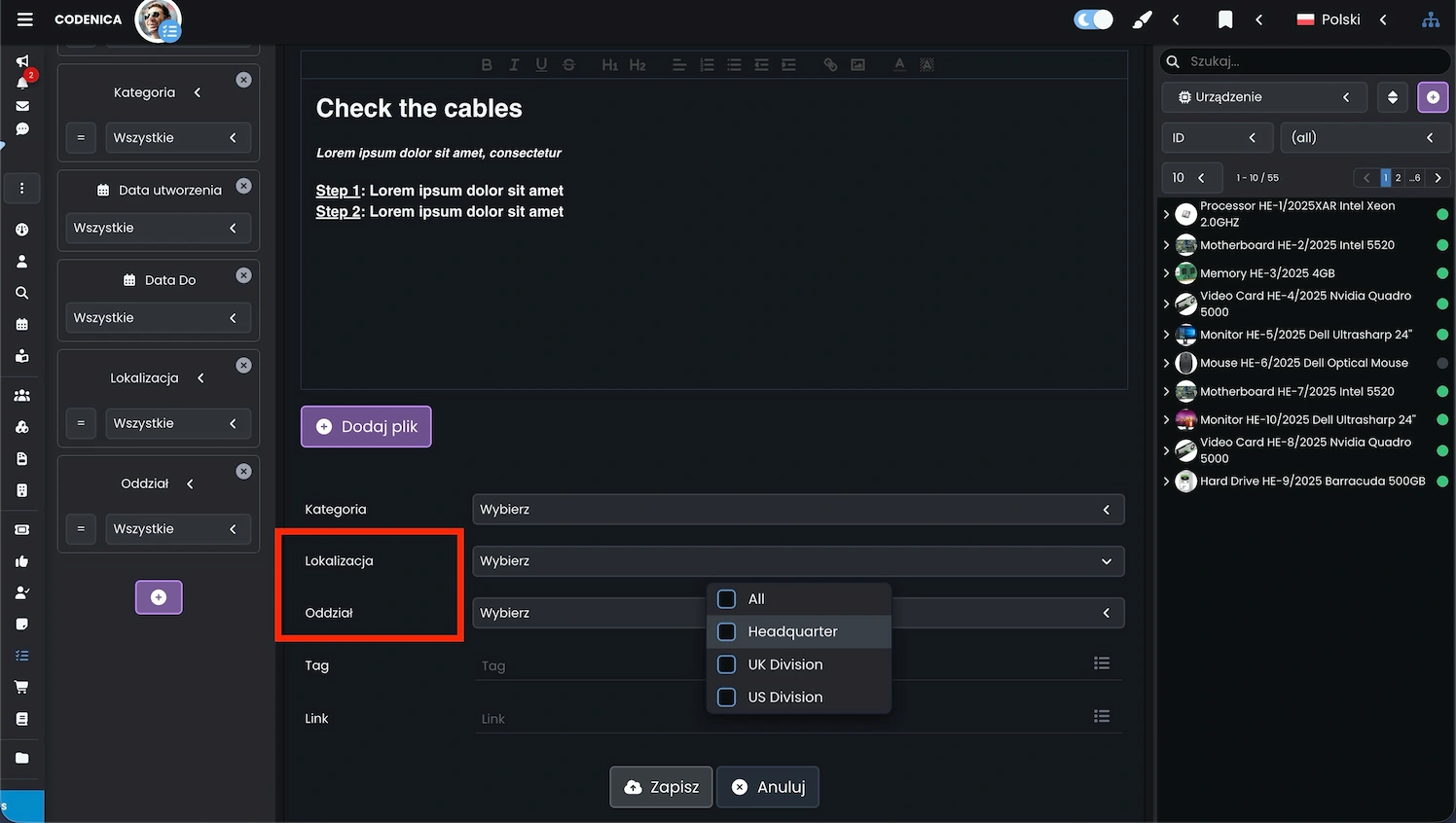 Lokalizacja zadania w programie Codenica ITSM + ITAM