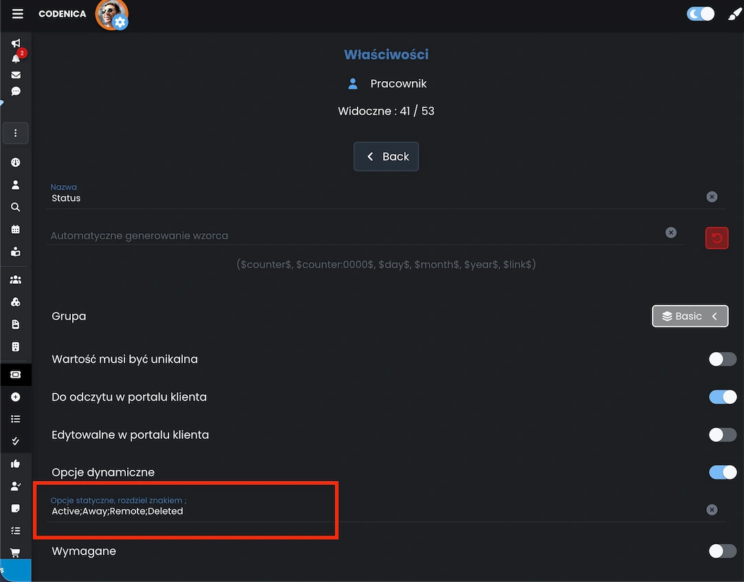 Ustawienia pola tekstowego z włączonymi opcjami statycznymi i dynamicznymi w ewidencji i inwentaryzacji Codenica ITSM + ITAM