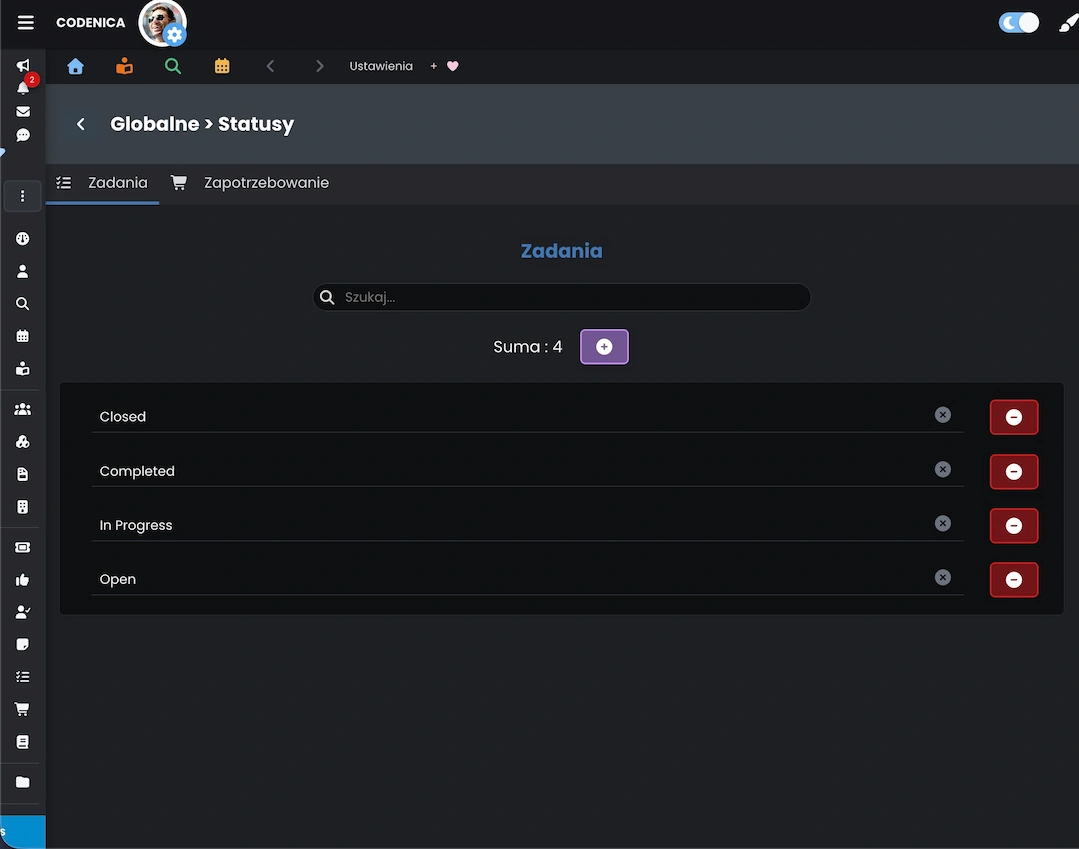 Opcje statyczne statusów dla zadań i zapotrzebowań w ustawieniach Codenica ITSM + ITAM