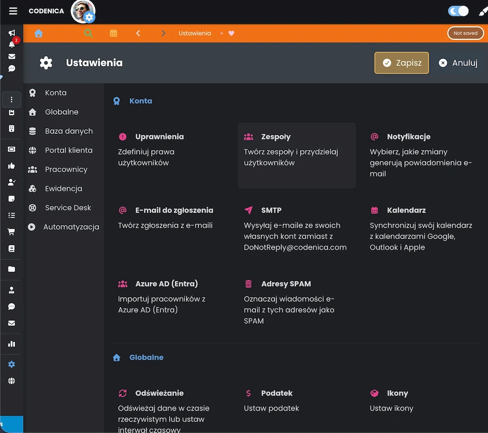 Ustawienia zespołów w systemie ticketowym Codenica ITSM + ITAM - centralne zarządzanie strukturą zespołów