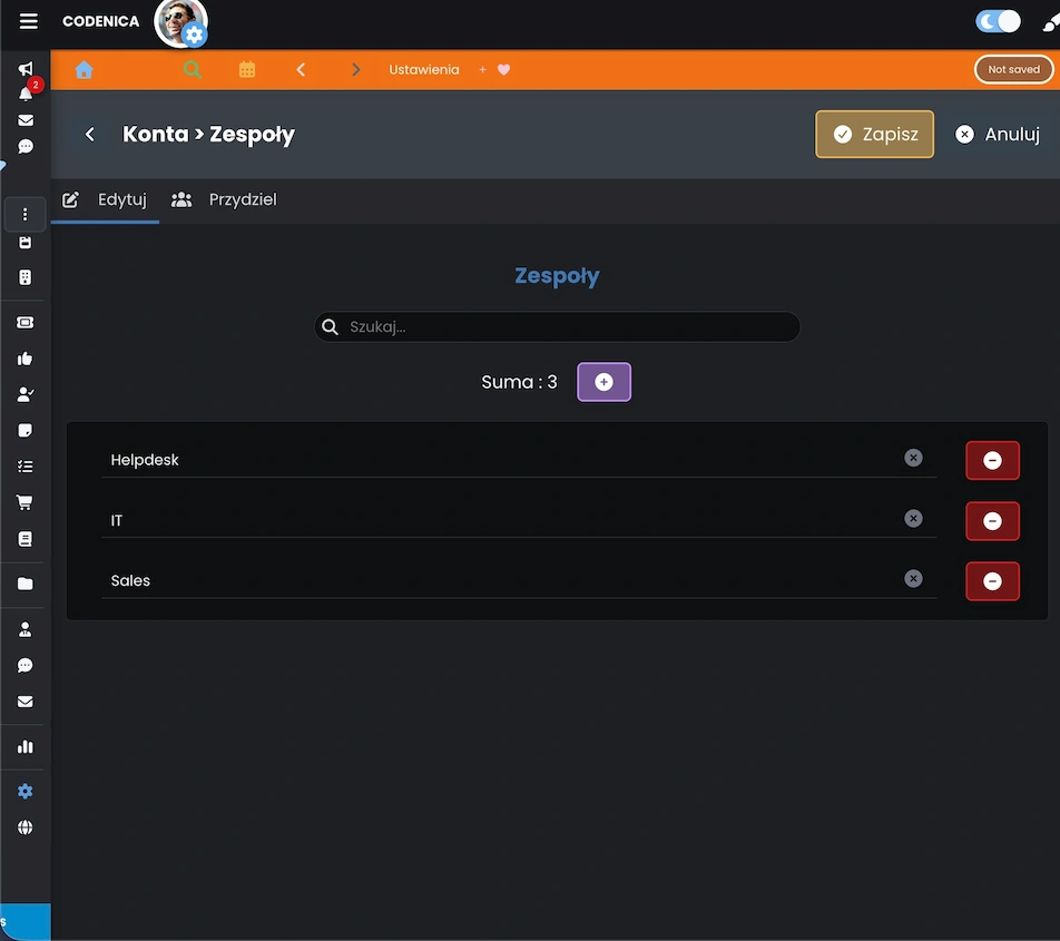 Tworzenie zespołów w systemie ticketowym Codenica ITSM + ITAM - zakładka Edytuj