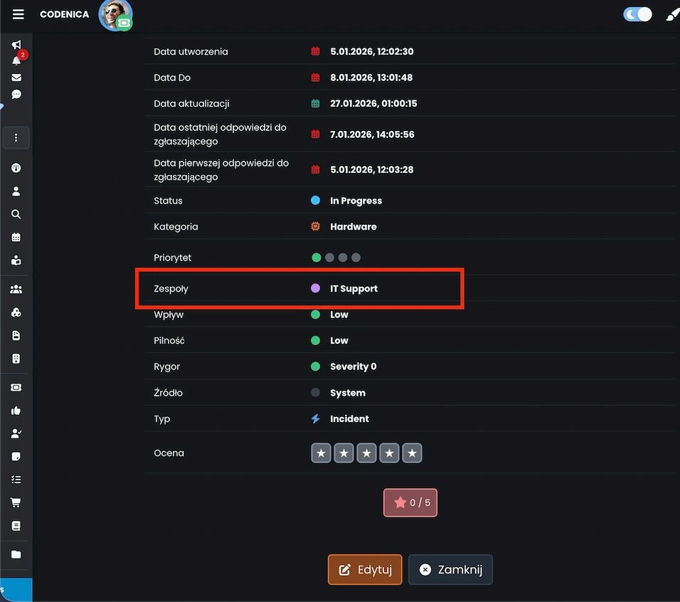 Zgłoszenie w systemie ticketowym Codenica ITSM + ITAM z widocznymi właściwościami oraz polem Zespoły ustawionym na IT Support