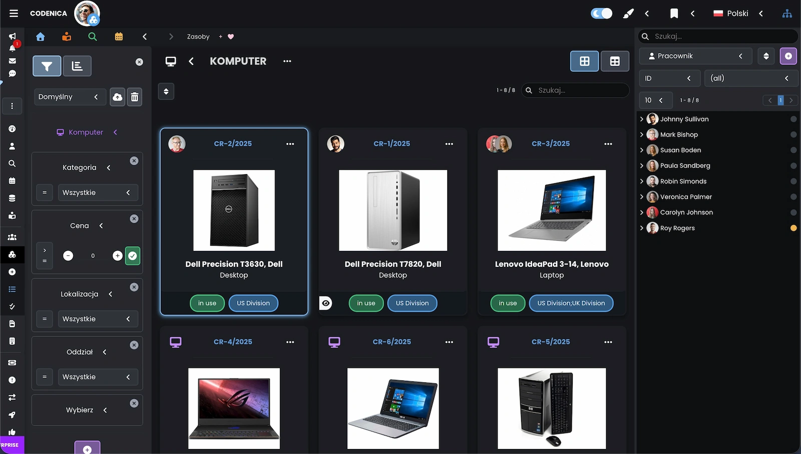 Zrzut ekranu pokazujący elementy ewidencji sprzętu komputerowego i oprogramowania.