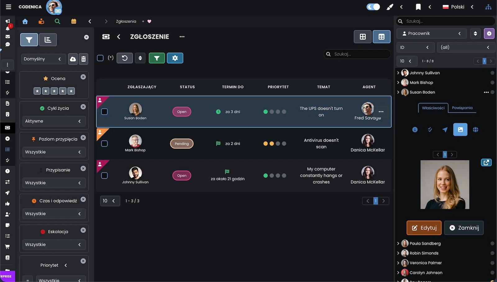 Zrzut ekranu przedstawiający zgłoszenia.
