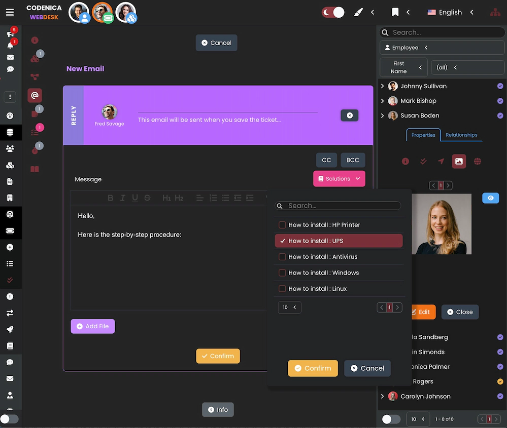 Zrzut ekranu przedstawiający wykorzystanie bazy wiedzy do wstawiania gotowych odpowiedzi.