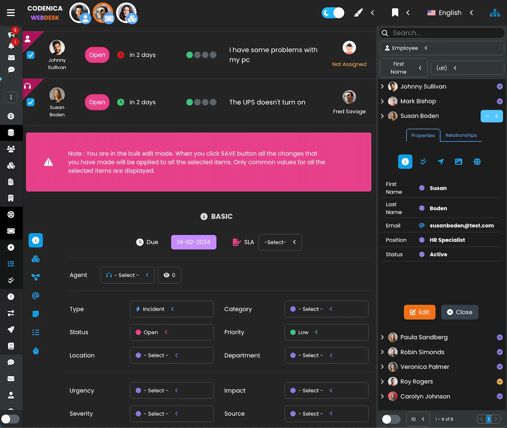 Zrzut ekranu ilustrujący edytowanie kilku elementów jednocześnie w trybie masowym.