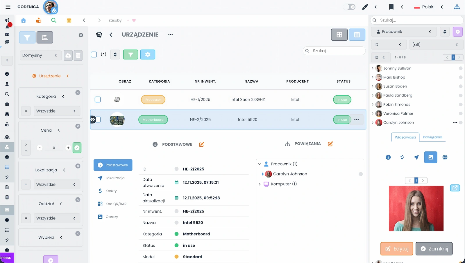 Zrzut ekranu z oprogramowania pokazujący zasoby i dokumenty.