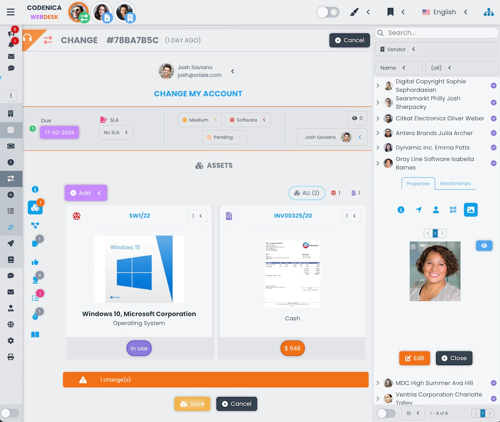 Ekran ilustruje zasób i dokument powiązany ze zmianą.