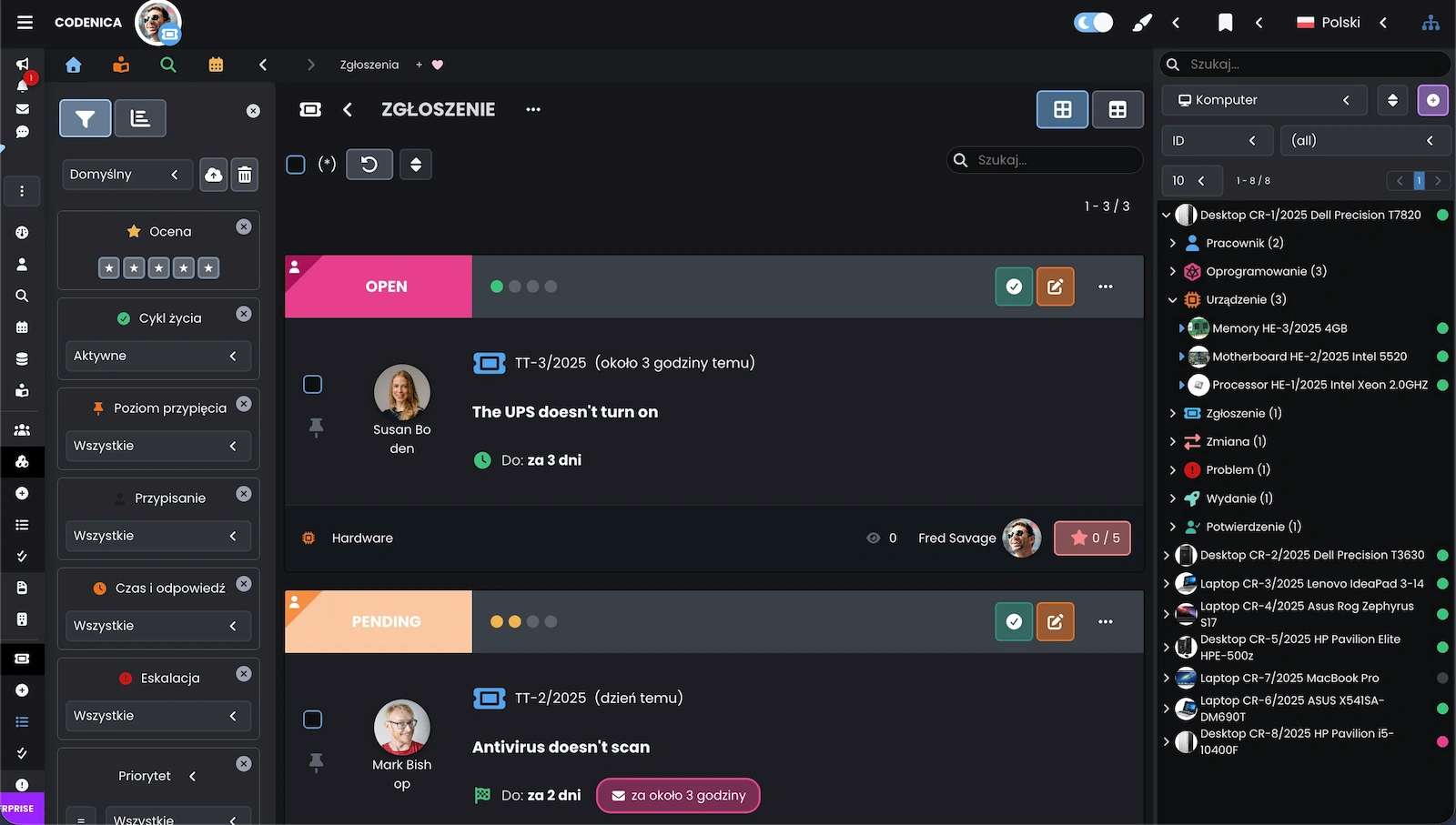 Zrzut ekranu przedstawiający zgłoszenia powiązane.