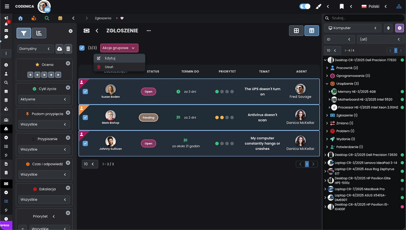 Zrzut ekranu ilustrujący edytowanie kilku elementów jednocześnie w trybie masowym.